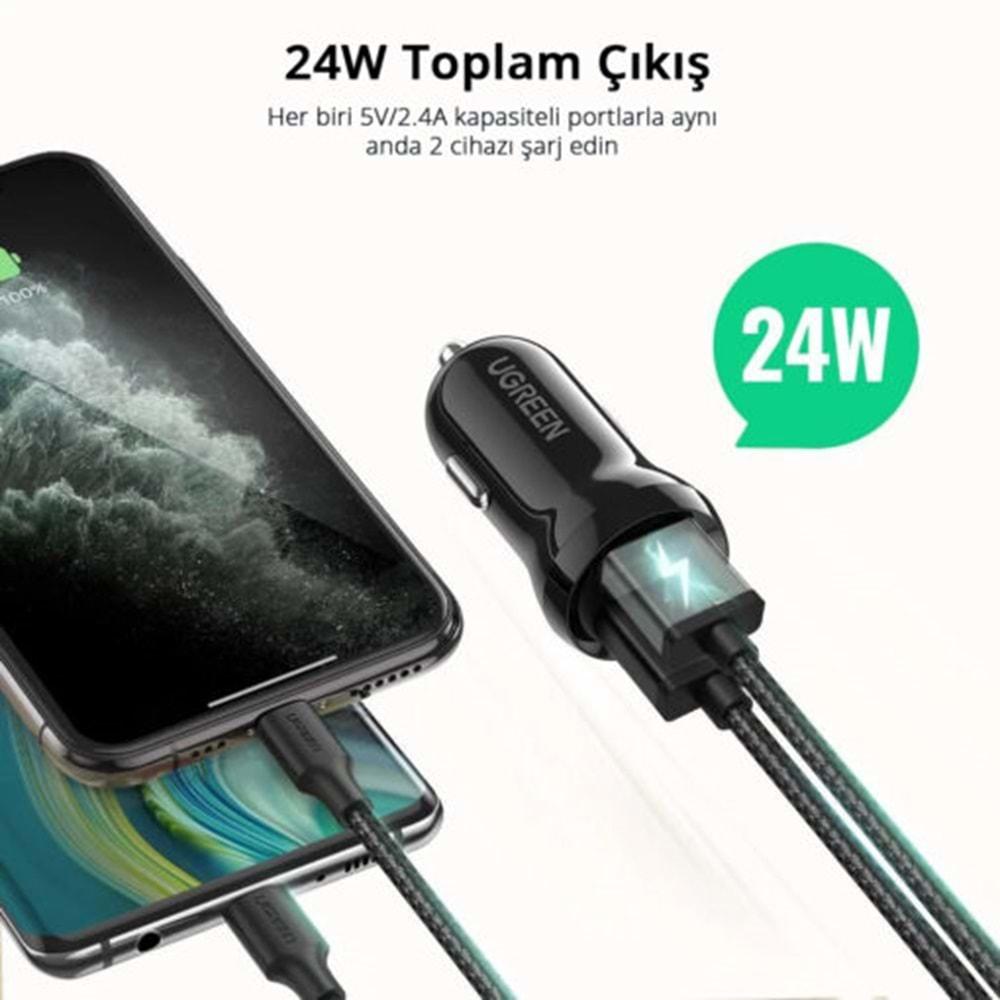 UGreen 24W Hızlı Araç Şarj Cihazı Çakmaklık Adaptörü 2XUSB-A Siyah