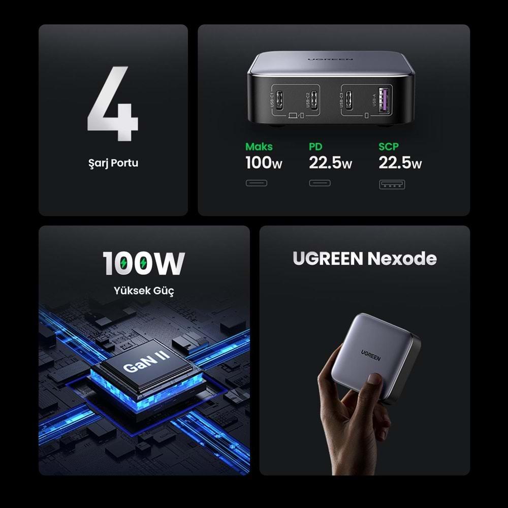 UGreen Nexode 100W GAN MASAÜSÜ Hızlı Şarj Cihazı TYPE-C QC PD 4 PortLU 3XUSB-C 1XUSB-A GRİ 90928