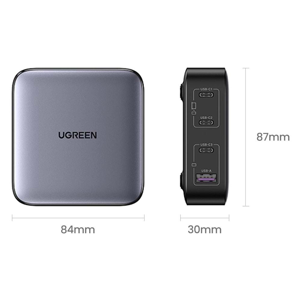 UGreen Nexode 100W GAN MASAÜSÜ Hızlı Şarj Cihazı TYPE-C QC PD 4 PortLU 3XUSB-C 1XUSB-A GRİ 90928