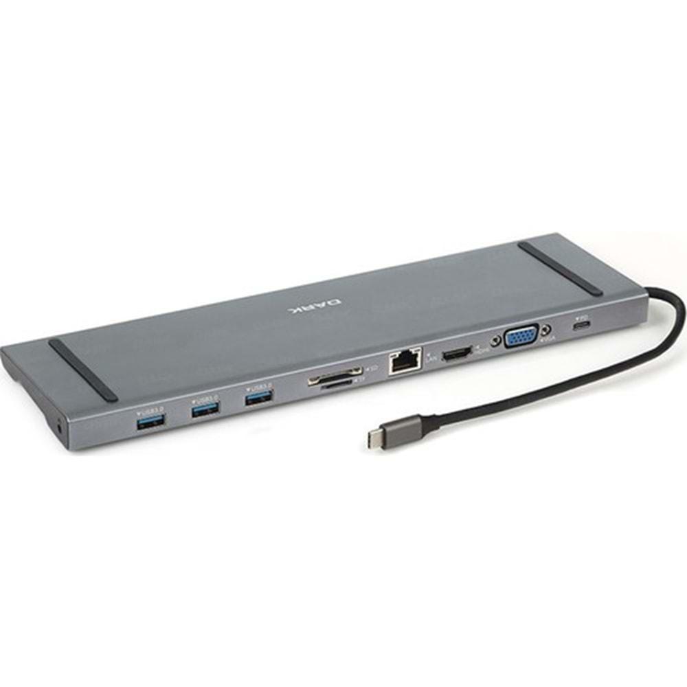 Dark DK-AC-U31X35 USB 3.1 Type C 10 in 1 Eth./HDMI/VGA/SD/USB 3.0/Kulaklık Çok.