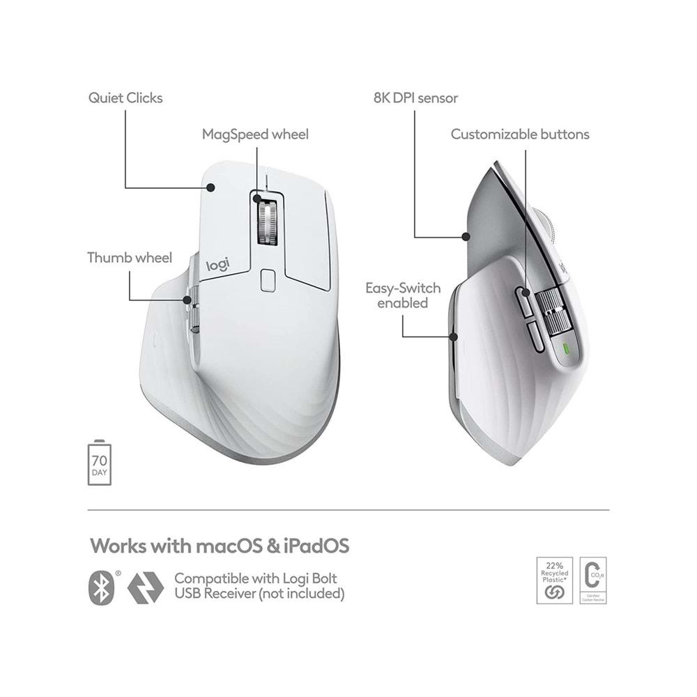 Logitech MX Master 3S MAC İçin Gelişmiş 8.000 DPI Sessiz Kablosuz Beyaz Mouse 910-006572