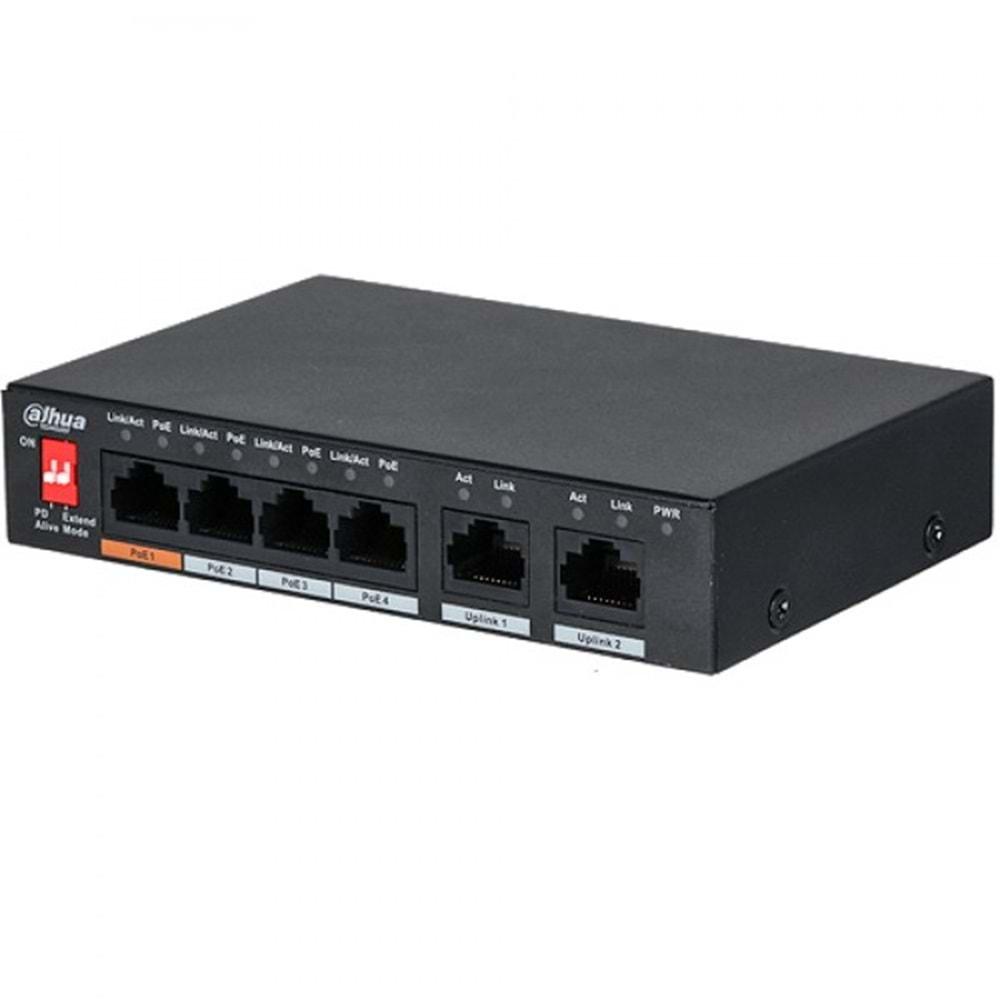 Dahua 4 Port 10/100 + 2 Port 10/100 Uplink 60W Poe Metal Kasa Switch V2