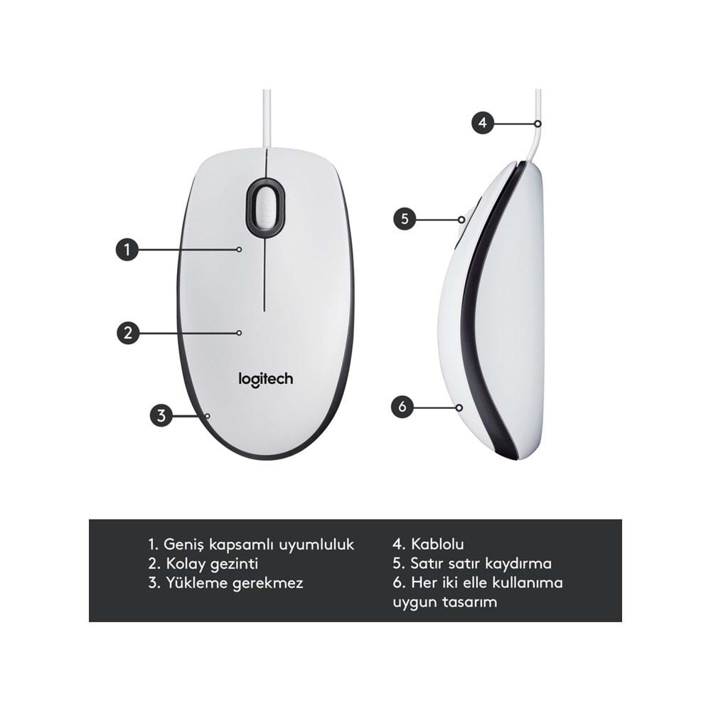 Logitech M100 Kablolu Optik Mouse Beyaz 910-006764