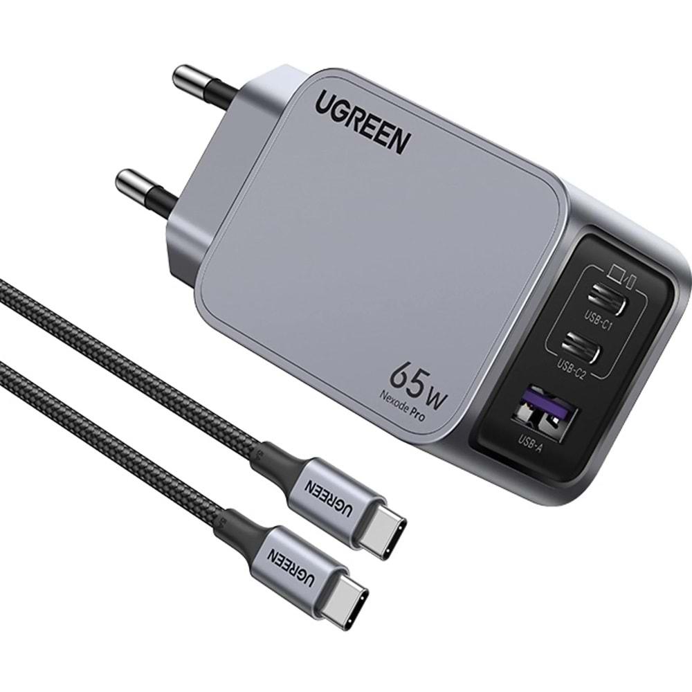 UGreen Nexode PRO 65W GAN Hızlı Şarj Cihazı TYPE-C QC PD 2XUSB-C 1XUSB-A Uzay Grisi