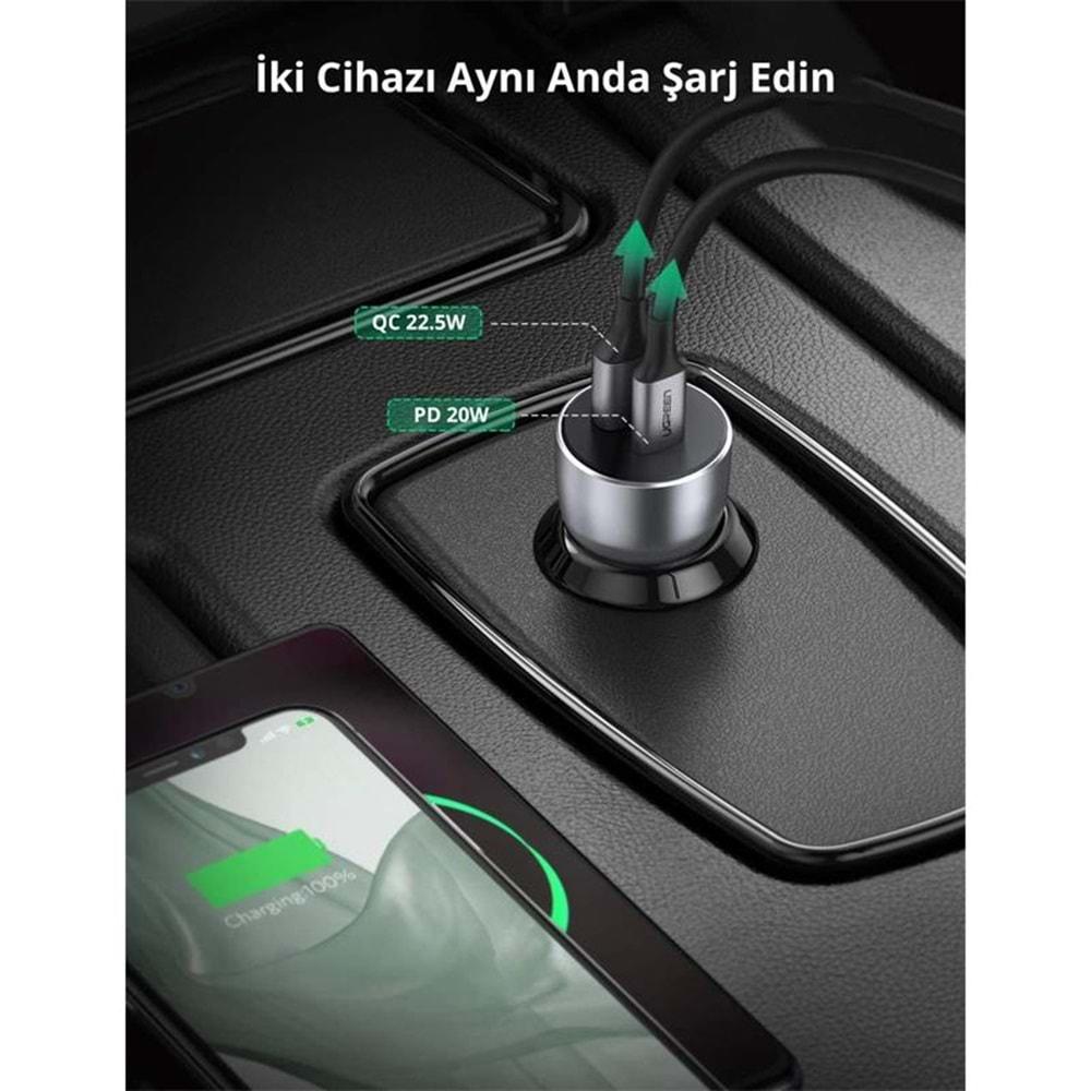 UGreen 52.5W QC PD Hızlı Araç Şarj Cihazı Çakmaklık Adaptörü 1XUSB-C 1XUSB-A Uzay Grisi