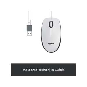 Logitech M100 Kablolu Optik Mouse Beyaz 910-006764