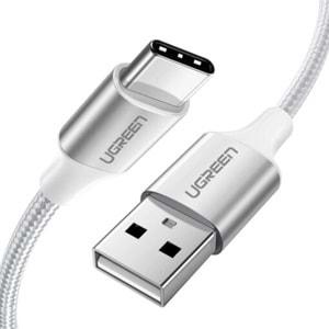 UGreen TYPE-C TO USB-A 3A QC Örgülü Hızlı Şarj Kablosu 2 MT Gümüş Beyaz