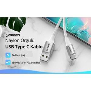 UGreen TYPE-C TO USB-A 3A QC Örgülü Hızlı Şarj Kablosu 2 MT Gümüş Beyaz