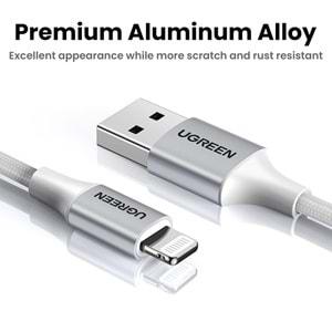 UGreen Lightnig TO USB-A 2 Metre Örgülü MFI Sertifikalı Iphone Hızlı Şarj Kablosu Gümüş