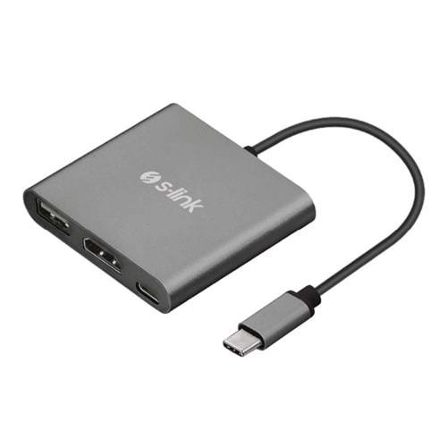 S-Link Swapp SW-U515 Gri Metal Type-C To 4K HDMI + USB 3.0 + PD Şarj Çevirici Adaptör