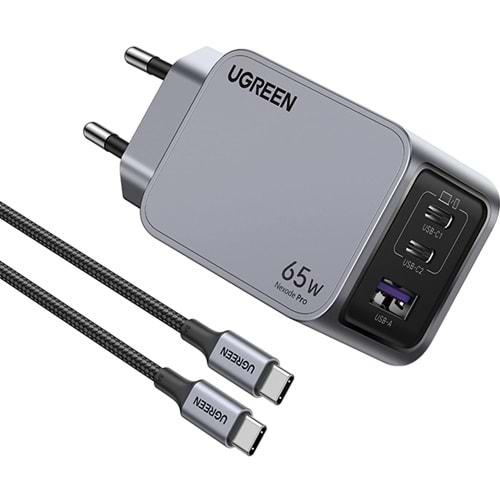 UGreen Nexode AIR 65W GAN Hızlı Şarj Cihazı TYPE-C QC PD 2XUSB-C 1XUSB-A Gri