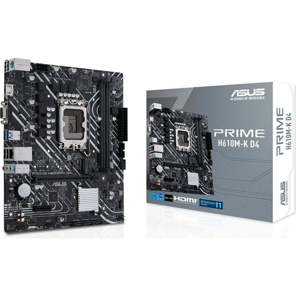 Asus Prime H610M-K D4 DDR4 3200MHZ 1XVGA 1XHDMI 1XM.2 USB 3.2 MatX 1700P Anakart