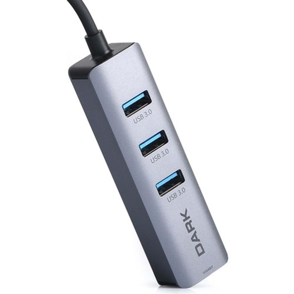 Dark DK-AC-USB332GL USB Type-A to RJ45 Gig. Ethernet ve 3xUSB 3.0 Hub Çok. Adap.