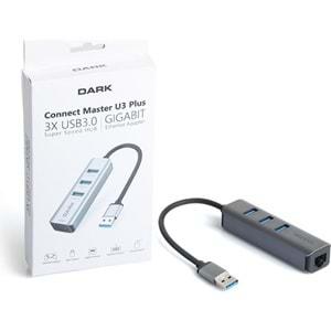 Dark DK-AC-USB332GL USB Type-A to RJ45 Gig. Ethernet ve 3xUSB 3.0 Hub Çok. Adap.