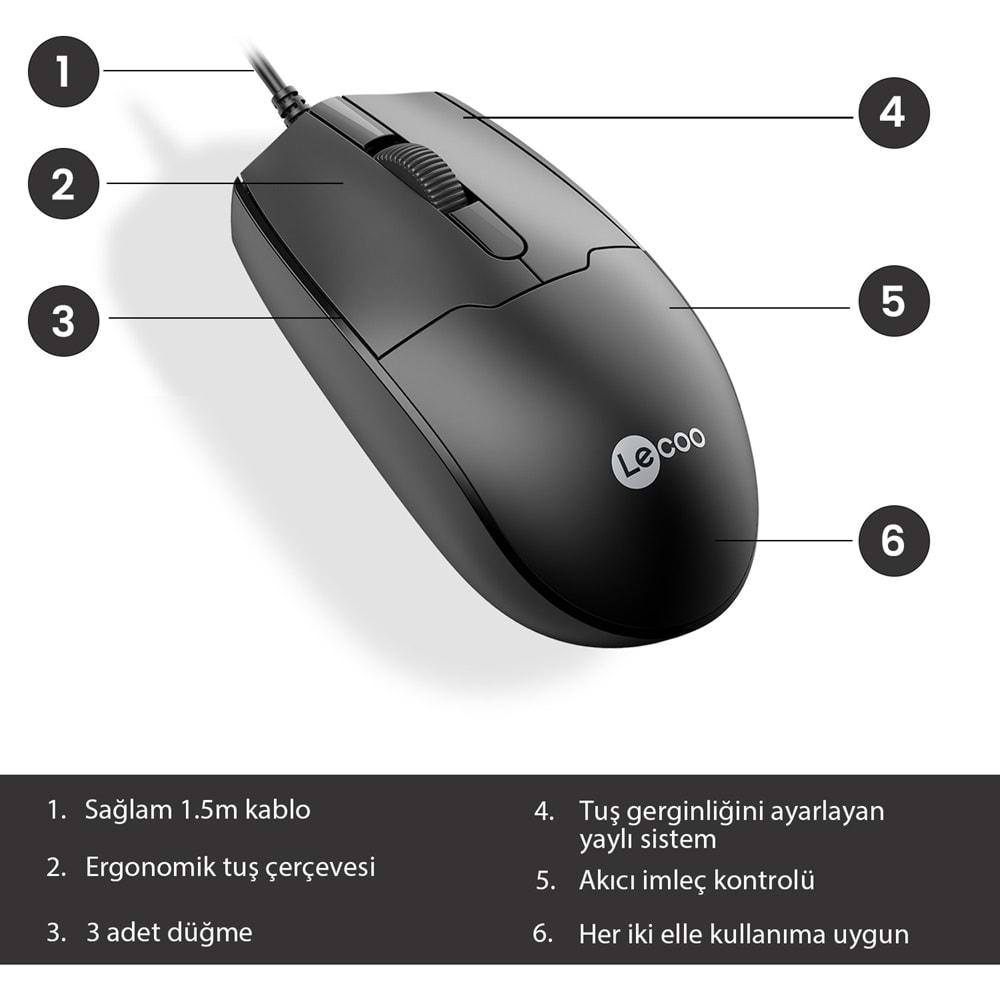 Lenovo Lecoo USB Optik Kablolu Mouse Siyah MS101