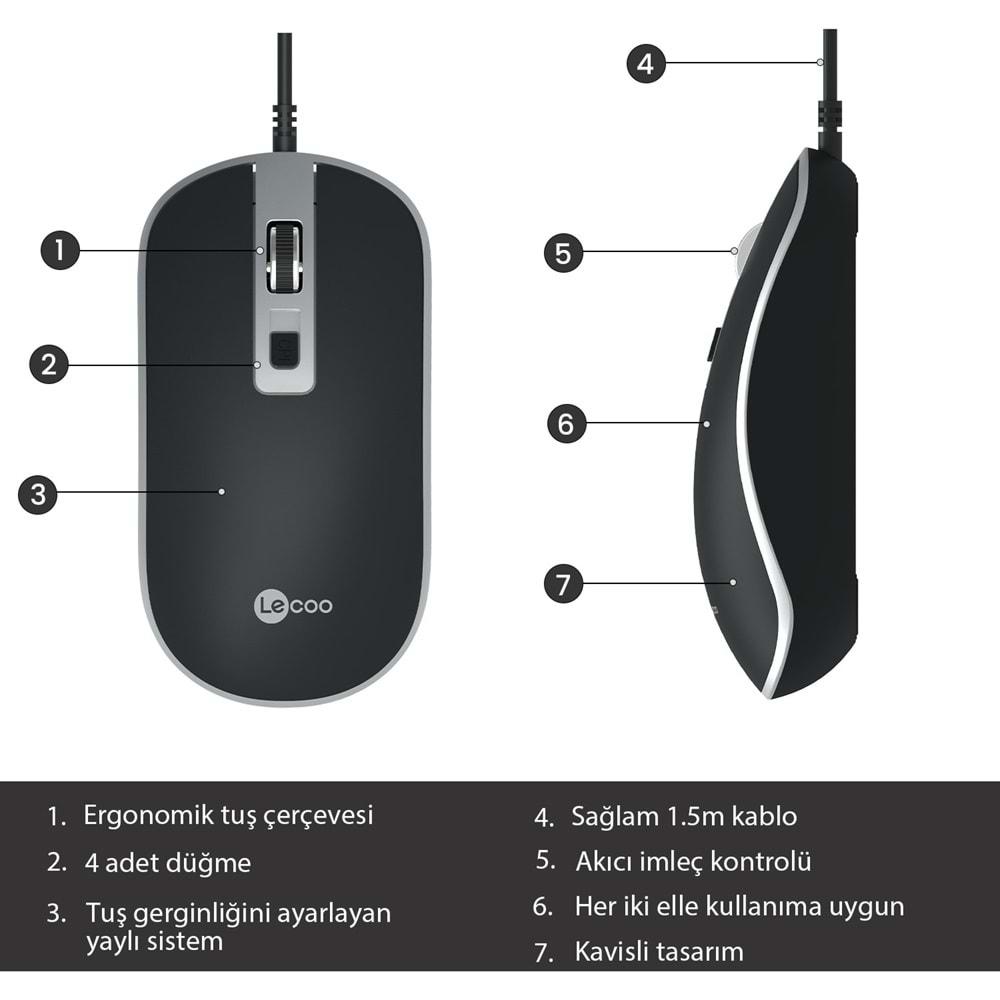 Lenovo Lecoo USB Optik Kablolu Mouse Siyah MS104