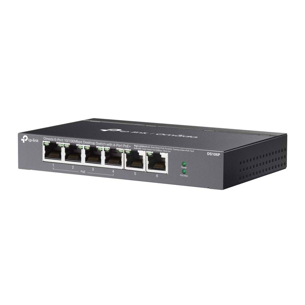 TP-Link Omada DS106P 4 Port 10/100 + 2 Port 10/100 Uplink 67W 250 Metre PoE Mesafe Metal Kasa Switch