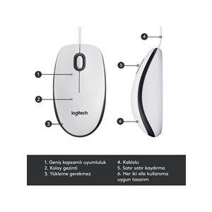 Logitech M100 Kablolu Optik Mouse Beyaz 910-006764