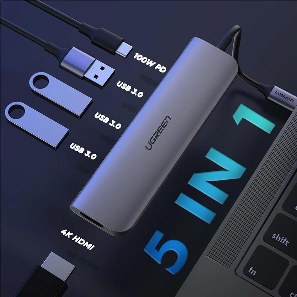 UGreen 5IN1 USB-C 100W PD 4K HDMI HUB Çoklaıcı Gri