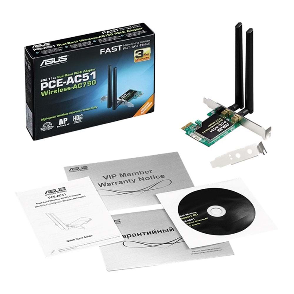 Asus PCE-AC51 Kablosuz-AC750 Çift Bant PCI-E Adaptörü